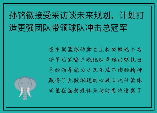 孙铭徽接受采访谈未来规划，计划打造更强团队带领球队冲击总冠军