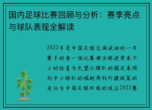 国内足球比赛回顾与分析：赛季亮点与球队表现全解读