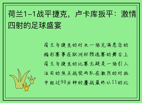荷兰1-1战平捷克，卢卡库扳平：激情四射的足球盛宴