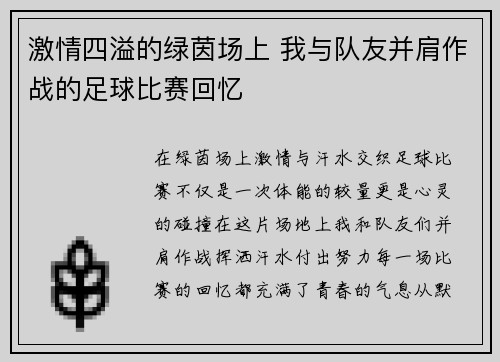激情四溢的绿茵场上 我与队友并肩作战的足球比赛回忆