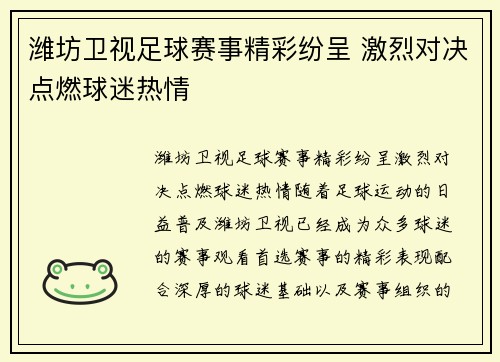 潍坊卫视足球赛事精彩纷呈 激烈对决点燃球迷热情