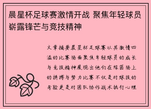 晨星杯足球赛激情开战 聚焦年轻球员崭露锋芒与竞技精神
