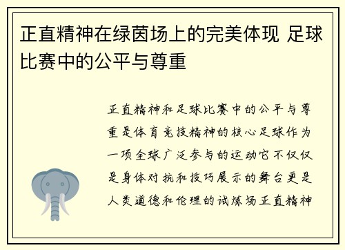 正直精神在绿茵场上的完美体现 足球比赛中的公平与尊重