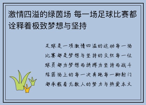 激情四溢的绿茵场 每一场足球比赛都诠释着极致梦想与坚持