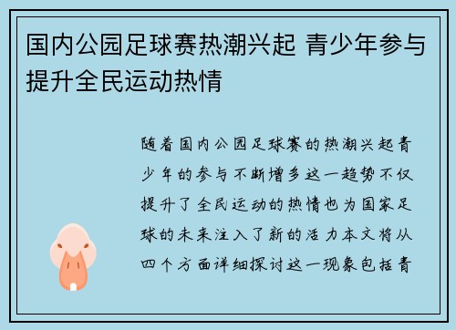 国内公园足球赛热潮兴起 青少年参与提升全民运动热情