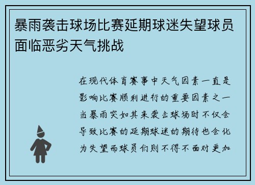 暴雨袭击球场比赛延期球迷失望球员面临恶劣天气挑战