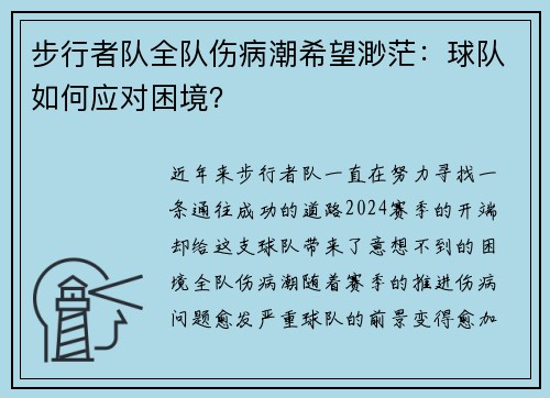 步行者队全队伤病潮希望渺茫：球队如何应对困境？