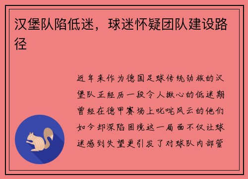 汉堡队陷低迷，球迷怀疑团队建设路径