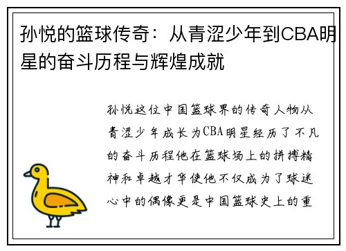 孙悦的篮球传奇：从青涩少年到CBA明星的奋斗历程与辉煌成就