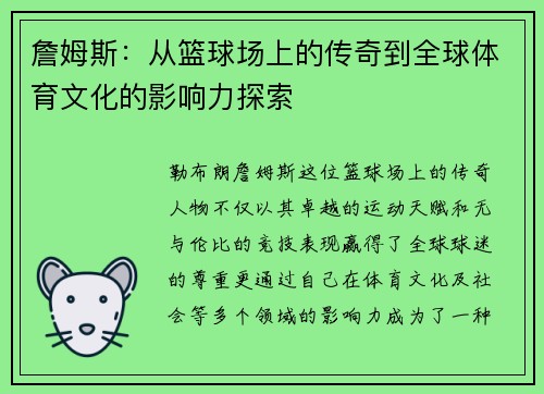 詹姆斯：从篮球场上的传奇到全球体育文化的影响力探索