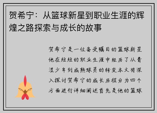 贺希宁：从篮球新星到职业生涯的辉煌之路探索与成长的故事