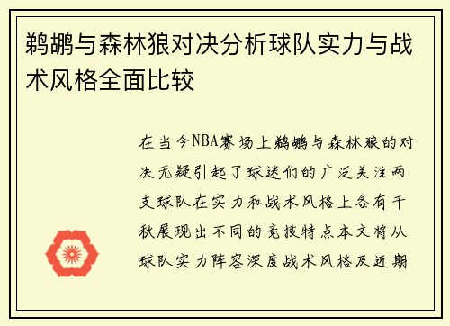 鹈鹕与森林狼对决分析球队实力与战术风格全面比较