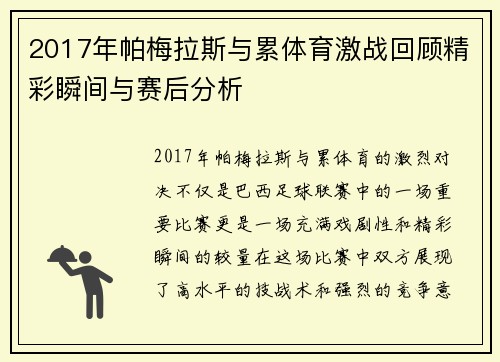 2017年帕梅拉斯与累体育激战回顾精彩瞬间与赛后分析