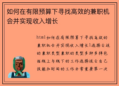 如何在有限预算下寻找高效的兼职机会并实现收入增长