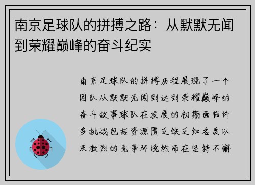 南京足球队的拼搏之路：从默默无闻到荣耀巅峰的奋斗纪实