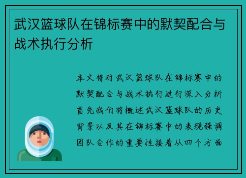 武汉篮球队在锦标赛中的默契配合与战术执行分析