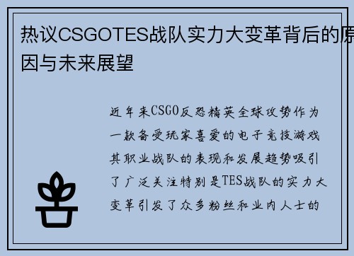 热议CSGOTES战队实力大变革背后的原因与未来展望